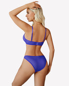 Mesh cut-out bra & thong set in blue sheer, back view with strappy straps