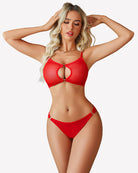 Mesh cut-out bra and panty set, red with ring cut-outs front view