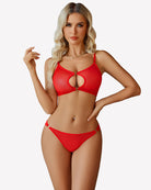 Mesh cut-out bra and panty set, red with ring cut-outs