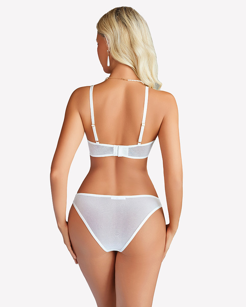 Mesh cut-out bra and panty set, white back view