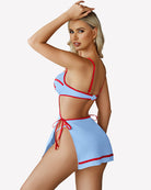 Light blue lace nighty dress with side slit, ribbon-tied back and red trim