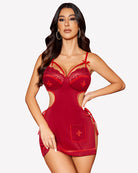 Red lace nighty dress with side slit, lace cups and ribbon ties, chest pocket applique