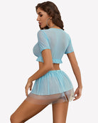 Light blue mesh mini skirt set with ruffle hem and matching short-sleeve top, back view
