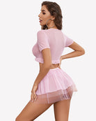 Pink mesh crop top and tiered mini skirt set with ruffled sleeve cuffs