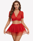 Red mesh V-neck crop top with tie and layered mini tulle skirt