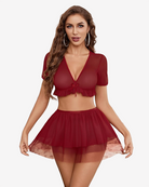 Wine red mesh V-neck crop top with tie and layered mini tulle skirt