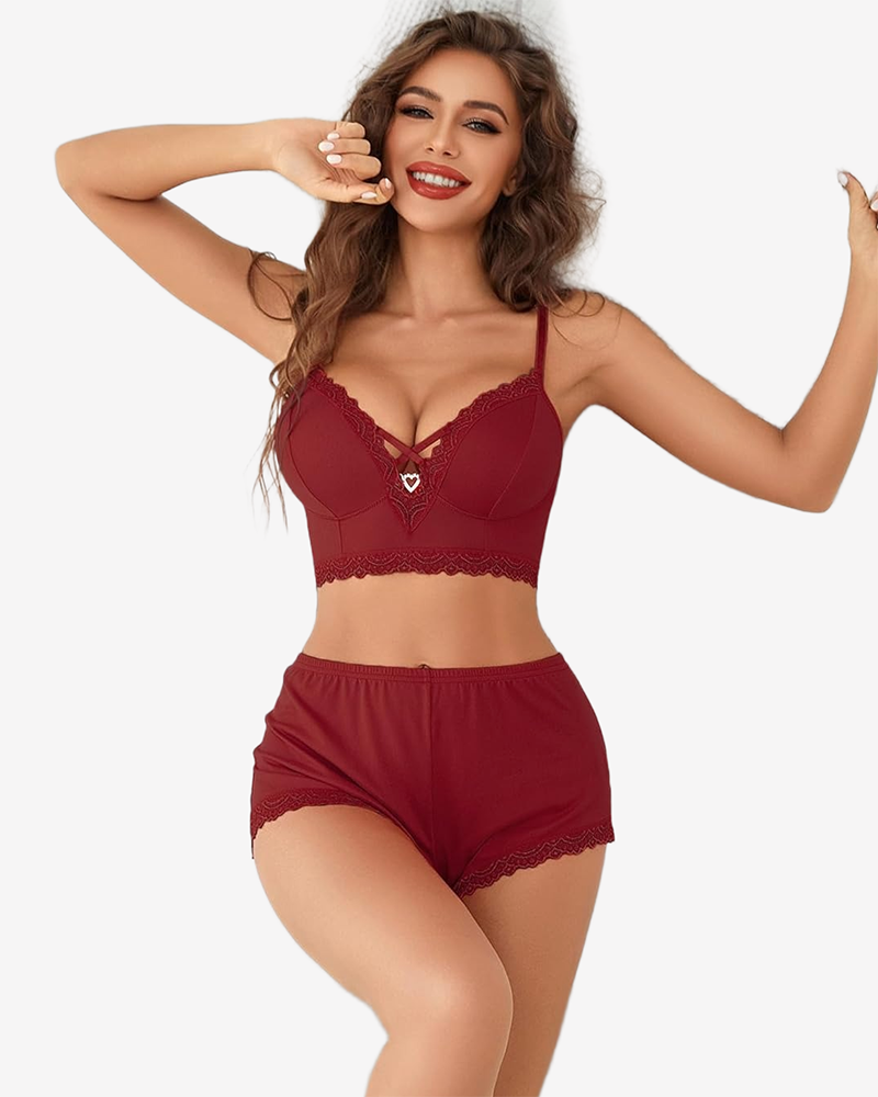 Wine red lace-trim cami pajama set with heart-detail bralette and matching shorts