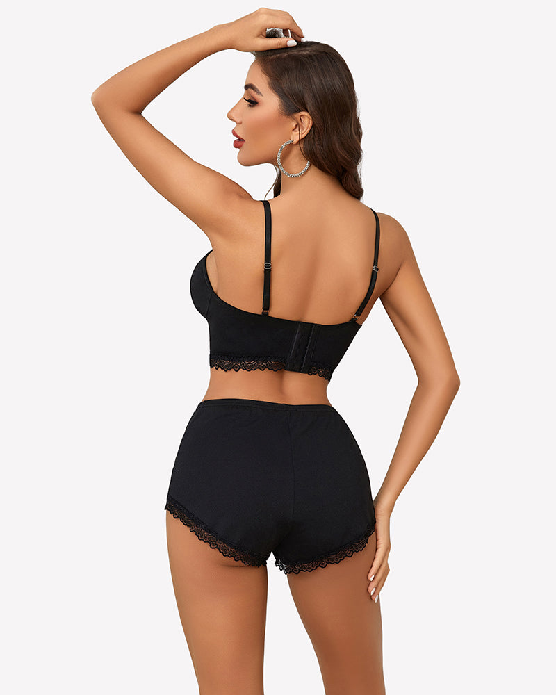 Black lace-trim cami pajama set with matching shorts, open-back cami straps