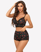 Black cherry print cami pajama set with lace bralette cups and scalloped shorts trim