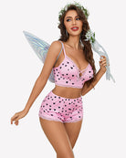 Pink heart print lace-trim cami pajama set with V-neck bralette and scalloped shorts