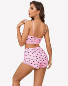 Pink heart print pajama set with lace back straps and matching lace-trim shorts