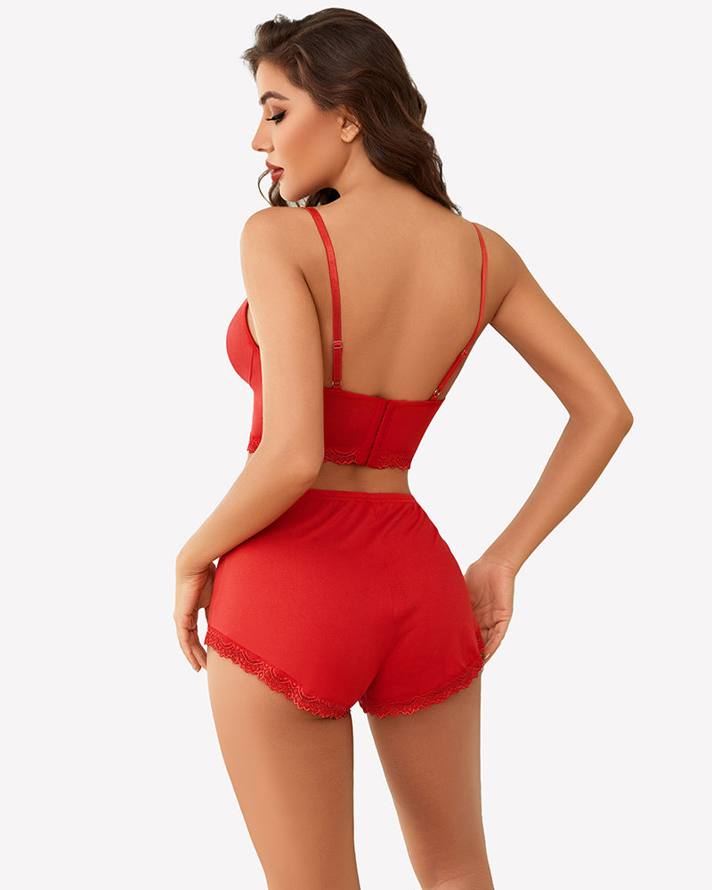 Red lace-trim pajama set with racerback cami and matching shorts