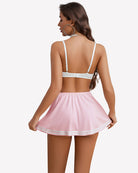 Sailor costume bra and pleated mini skirt, pink skirt with white trim and back straps