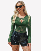 Green sheer lace long-sleeve bodysuit with keyhole neckline cutout