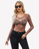 Brown long-sleeve sheer lace bodysuit with keyhole chest cutout, side view