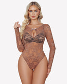 Brown long-sleeve sheer lace bodysuit with keyhole chest cutout and floral pattern