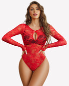 Red long-sleeve lace bodysuit with keyhole neckline, see-through floral texture