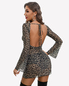 Leopard print backless mini dress with bell sleeves, open back ties