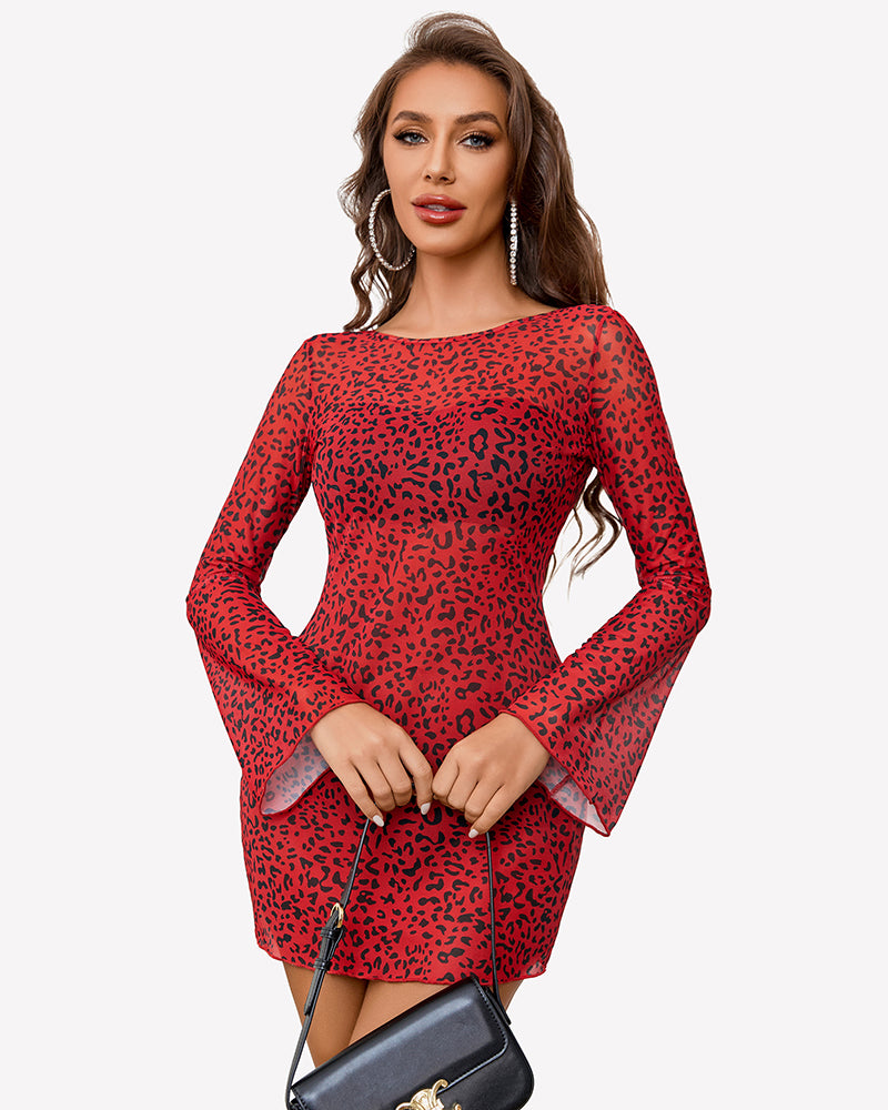 Red leopard print backless mini dress with long flared sleeves and open back