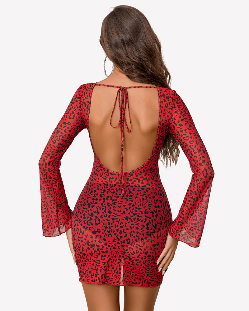 Red leopard print backless mini dress with long bell sleeves and open back ties