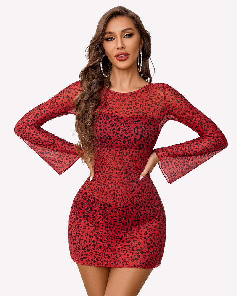 Red leopard print backless mini dress with long bell sleeves and fitted bodice