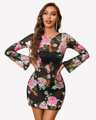 Floral print backless mini dress with long bell sleeves, fitted waist