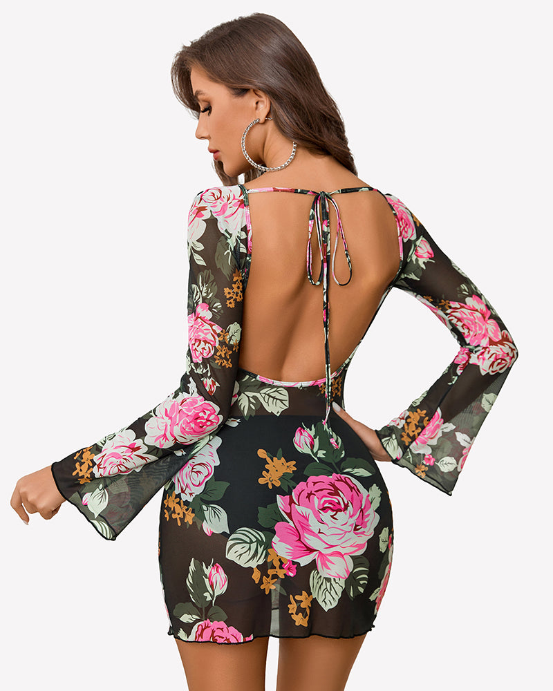 Floral print backless mini dress with long bell sleeves and open back ties