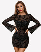Black mesh mini dress with backless tie, geometric print, bell sleeves.