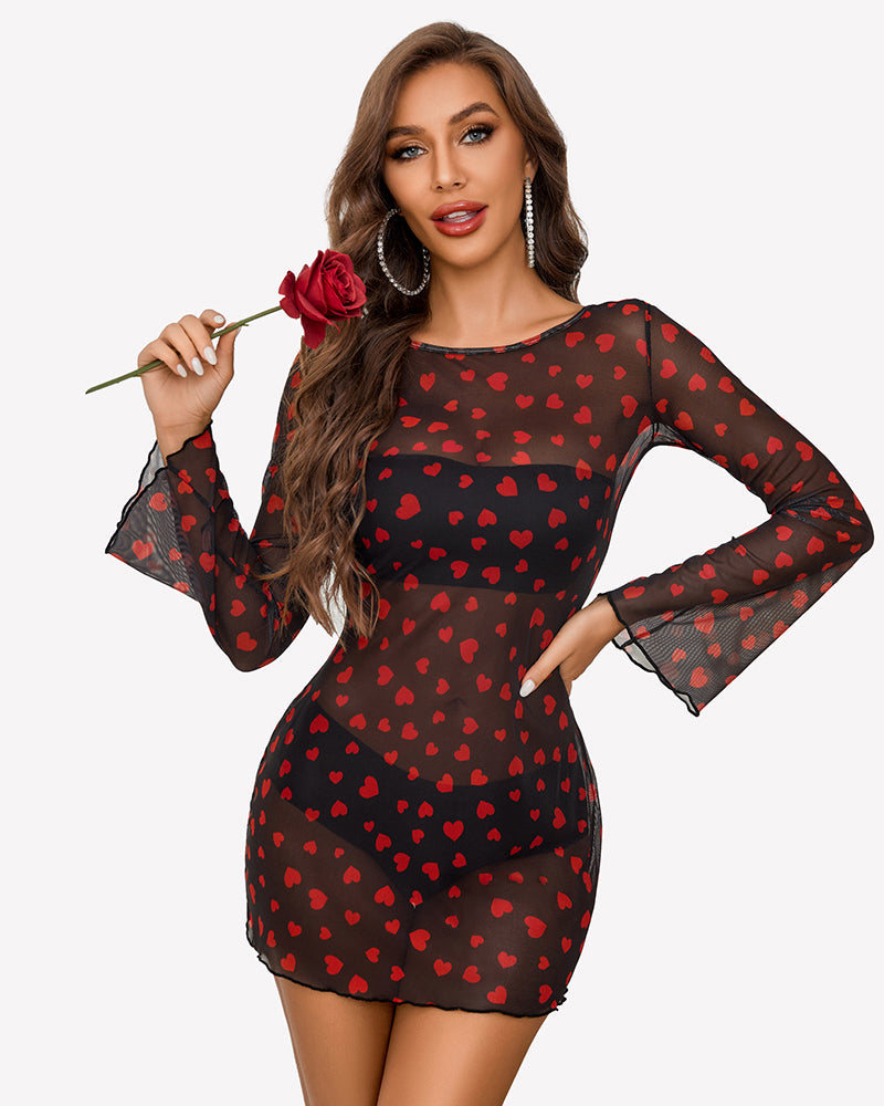 Black mesh mini dress with red heart print, backless tie, flared bell sleeves.