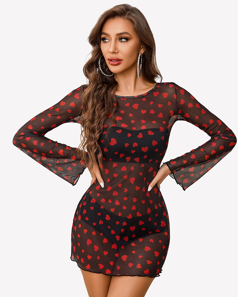 Black mesh mini dress with red heart print, backless tie, bell sleeves.