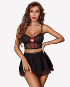 Black mesh maid costume set: underwire bra with corset panel, short flared skirt.