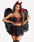 Black maid costume set with feather wings: underwire mesh bra and flared skirt.