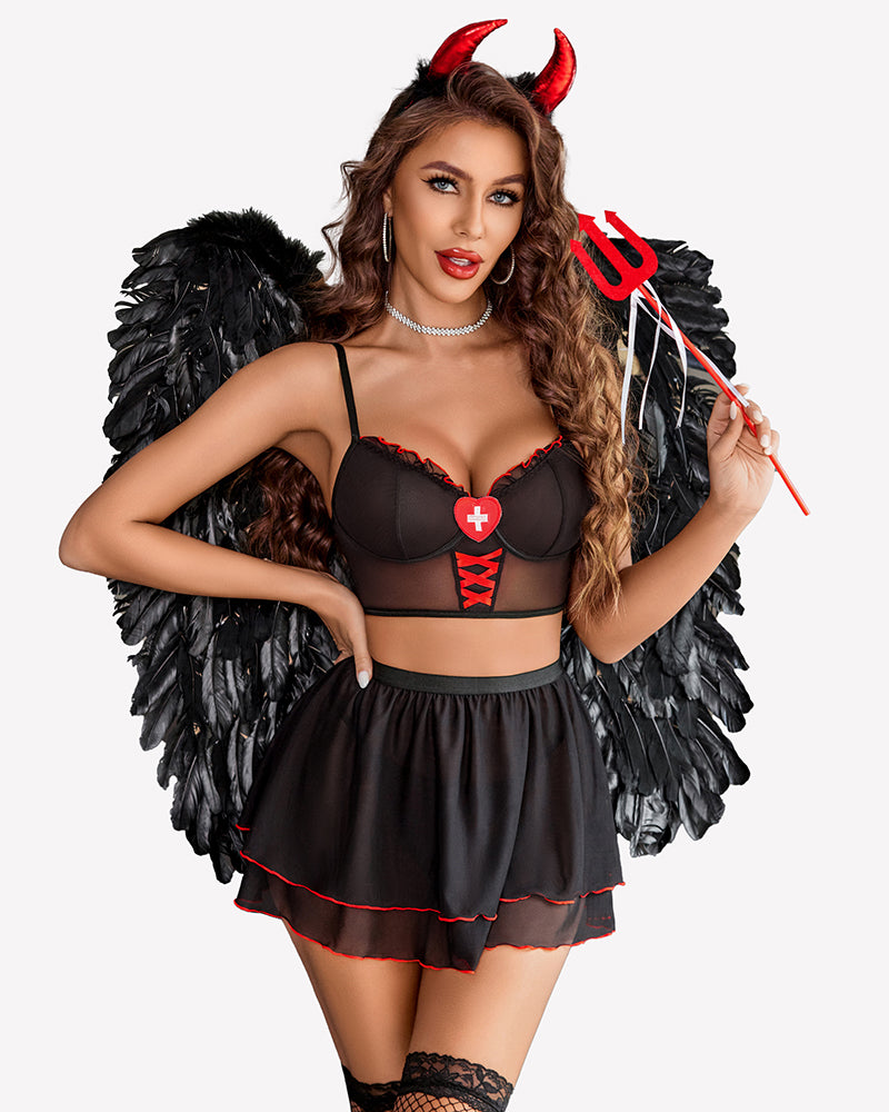 Black maid costume set with feather wings: underwire mesh bra and flared skirt.