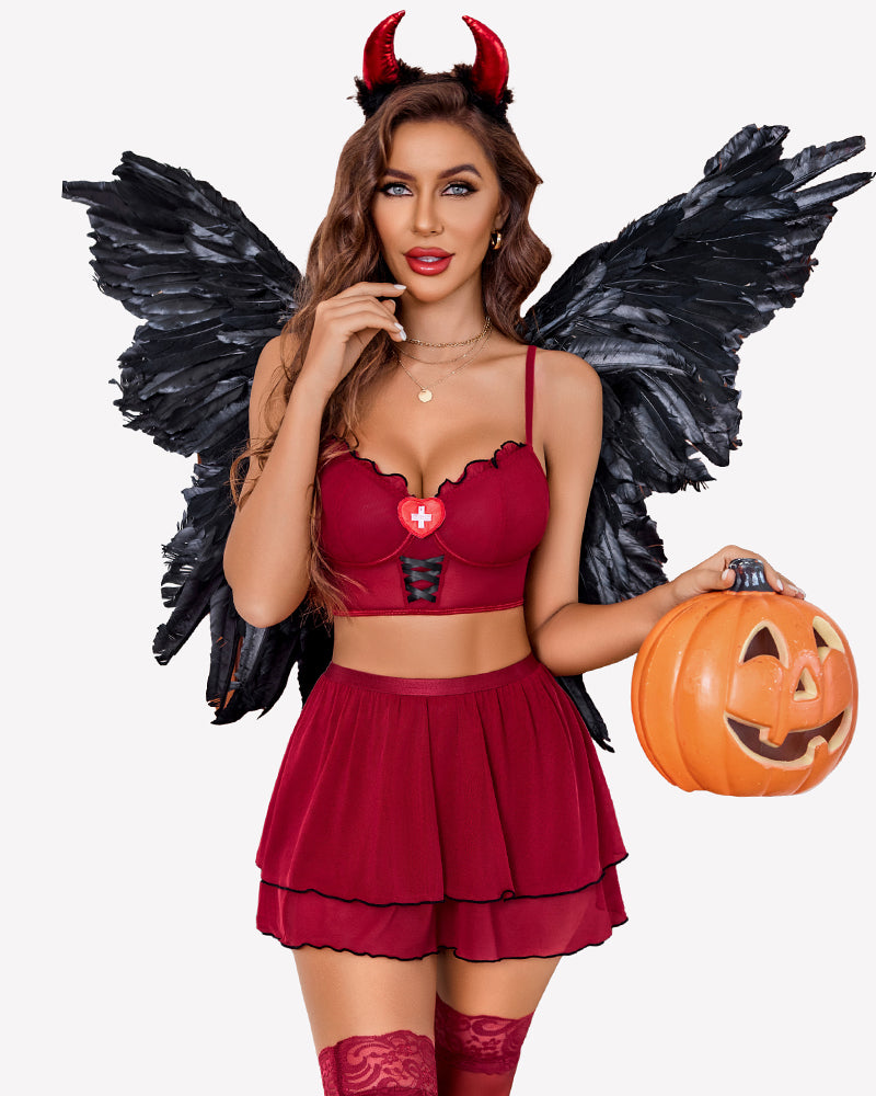 Contrast mesh maid costume set in dark red: bustier with nurse cross and flared mini skirt