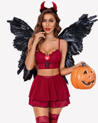 Contrast mesh maid costume set in dark red: bustier with nurse cross and flared mini skirt
