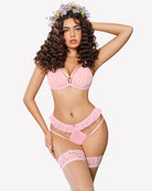 Pink cut-out bra and panty lingerie set with ruffled edges and lace thigh garter bands