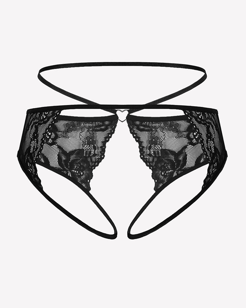 Black floral lace cheeky thong with heart charm at center and thin waist straps
