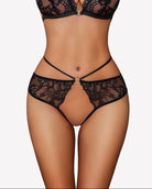 Black floral lace cheeky thong with lace side panels and crisscross front straps