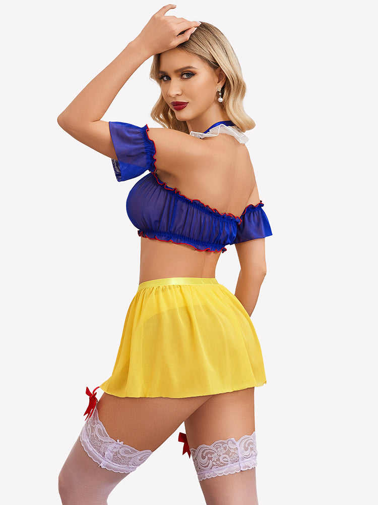 Blue off-shoulder top, yellow tulle mini skirt, white lace thigh-high stockings
