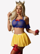 Blue off-shoulder top with red bow, yellow tulle mini skirt, white lace thigh garters
