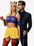 Blue off-shoulder top and yellow tulle mini skirt with red lace thigh-high garter set