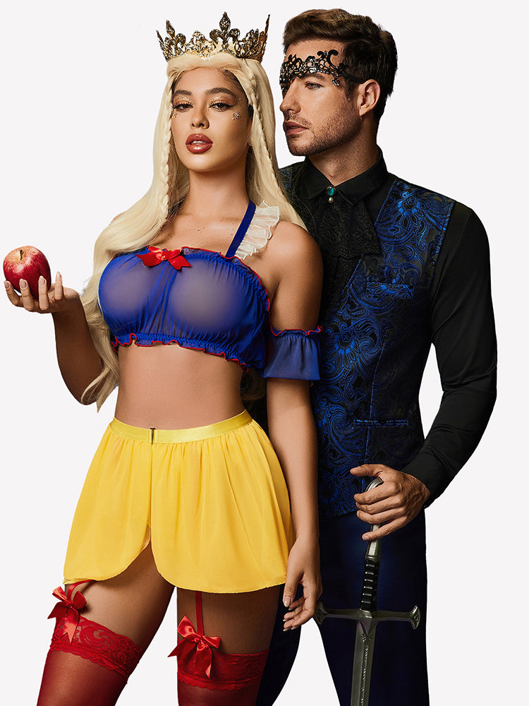 Blue off-shoulder top and yellow tulle mini skirt with red lace thigh-high garter set