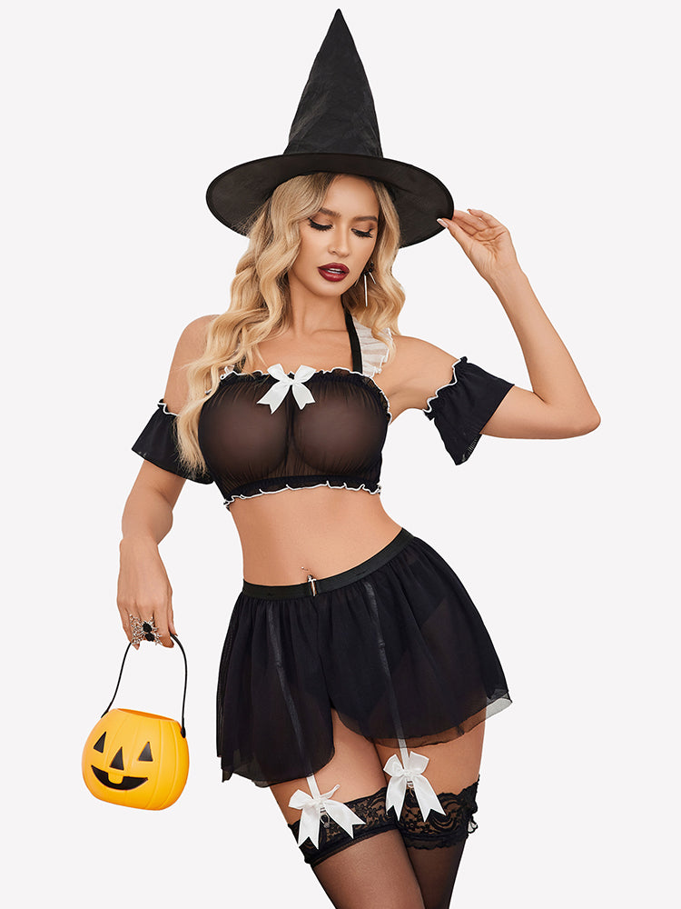 Black witch costume mini skirt set with off-shoulder top, tulle skirt, lace garters