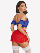 Red mini skirt with blue off-shoulder top, white lace thigh-high stockings, bow accents