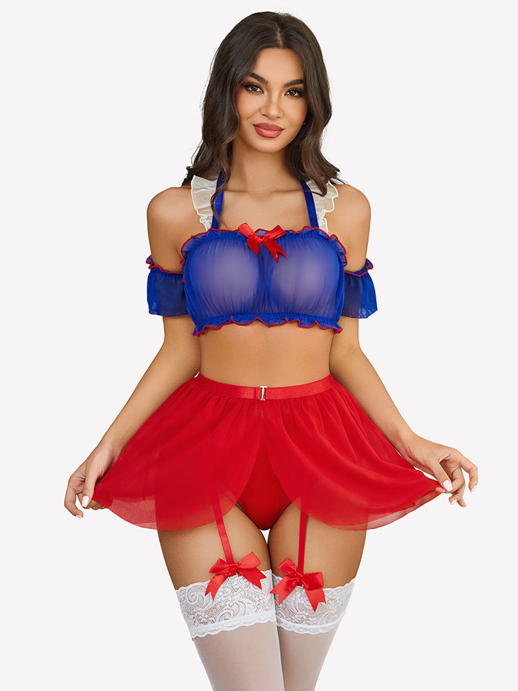 Mini skirt costume set with blue off-shoulder bra, red tulle mini skirt, lace garters