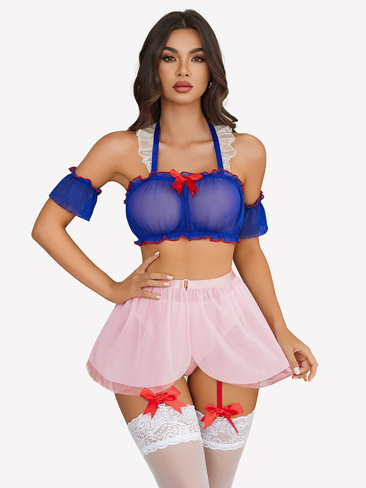 Mini skirt costume set with blue off-shoulder bra, pink tulle mini skirt, lace garters