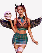Green plaid devil-style lingerie set with horns, black lace bra, mini skirt and garters