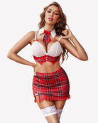 Red plaid lingerie set with white bra and red bow collar, mini skirt, garters