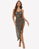 Leopard print mesh chemise nightdress with V-neckline, thin straps, and ruffled asymmetrical hem.