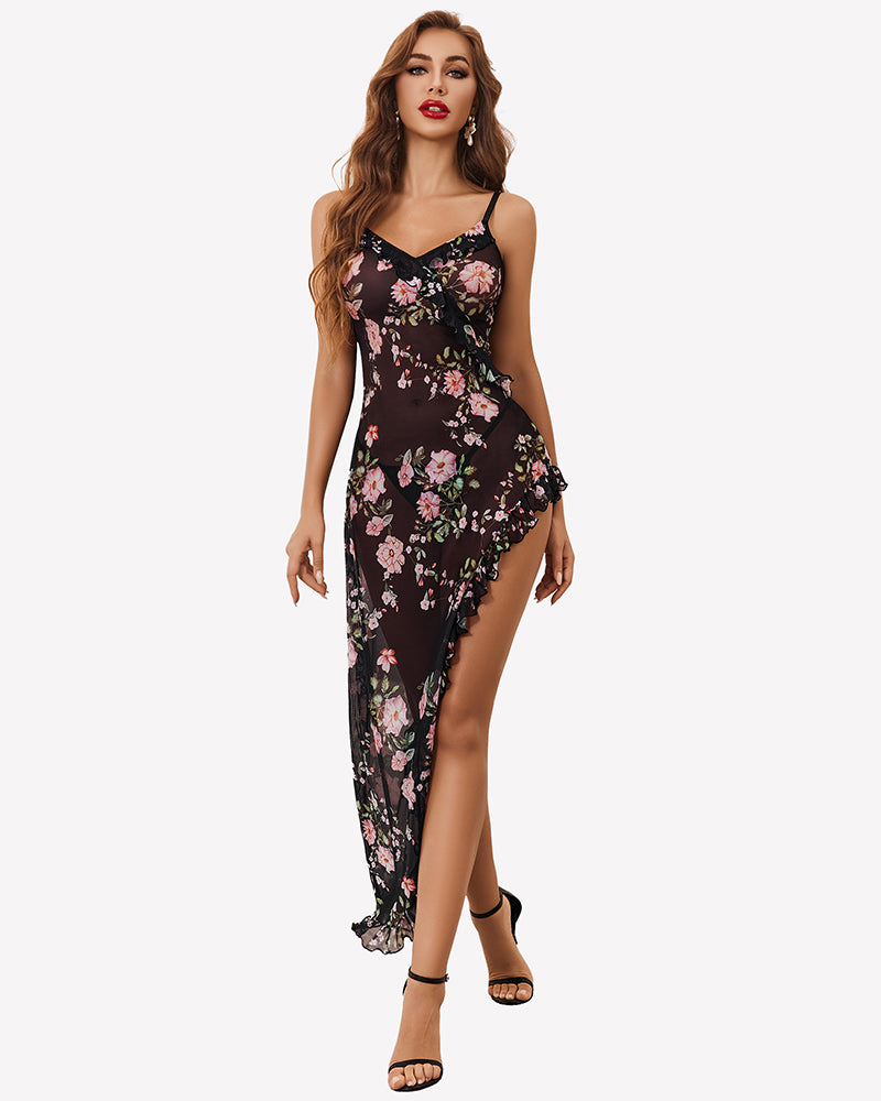 Floral mesh chemise nightdress with V-neckline, thin straps, and ruffled side hem.